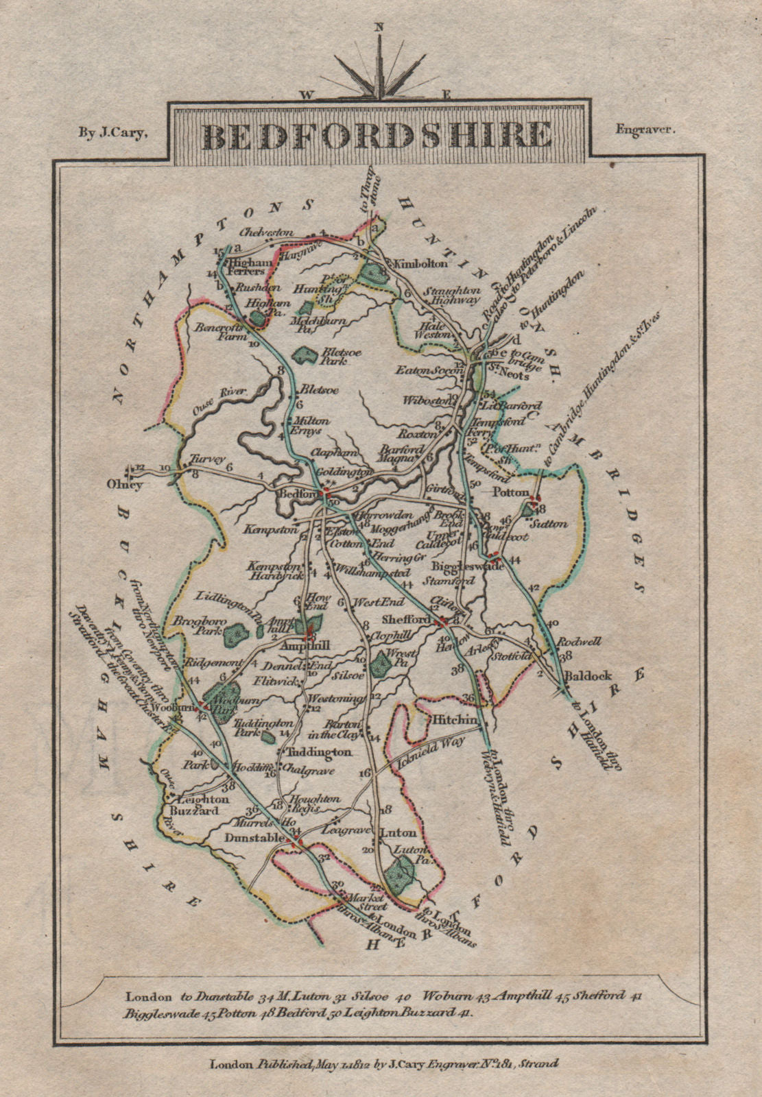 BEDFORDSHIRE by John CARY. Miniature antique county map 1812 old